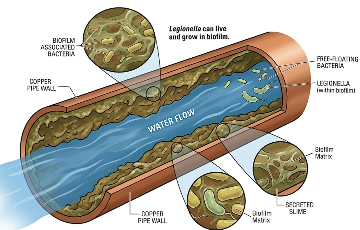 bio film growing in a copper pipe leading to legionella bacteria
